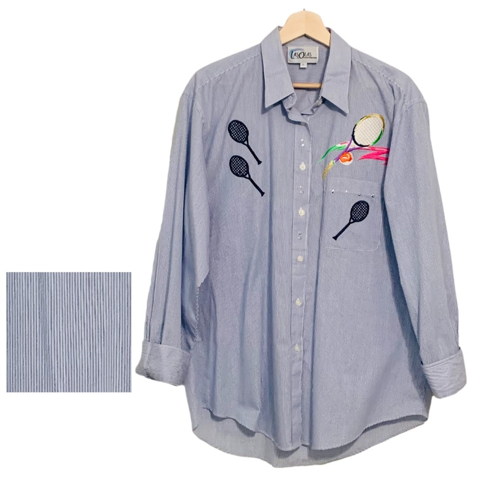 Las Olas Tennis Embroidered Button Up Top Long Sleeves Large Blue White Striped